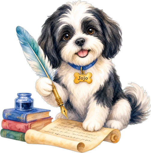 Jojô, mascote da AstionSaga, escrevendo com uma pena sobre um pergaminho