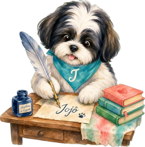 Jojô, mascote da AstionSaga, escrevendo à mesa