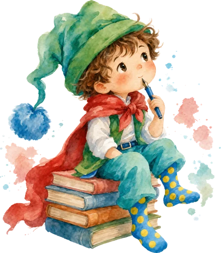 Tim, menino de capa vermelha, sentado sobre uma pilha de livros imaginando histórias com a caneta na mão